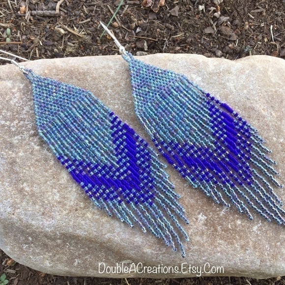 𝅺RAINBOW Gunmetal and Navy Beaded Earrings with Fringe - Picture 5 of 10